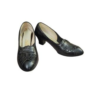 Vintage 30's-40's Enna Jettick Black Leather Embroidered Cuban Heel Pumps 6.5 B
